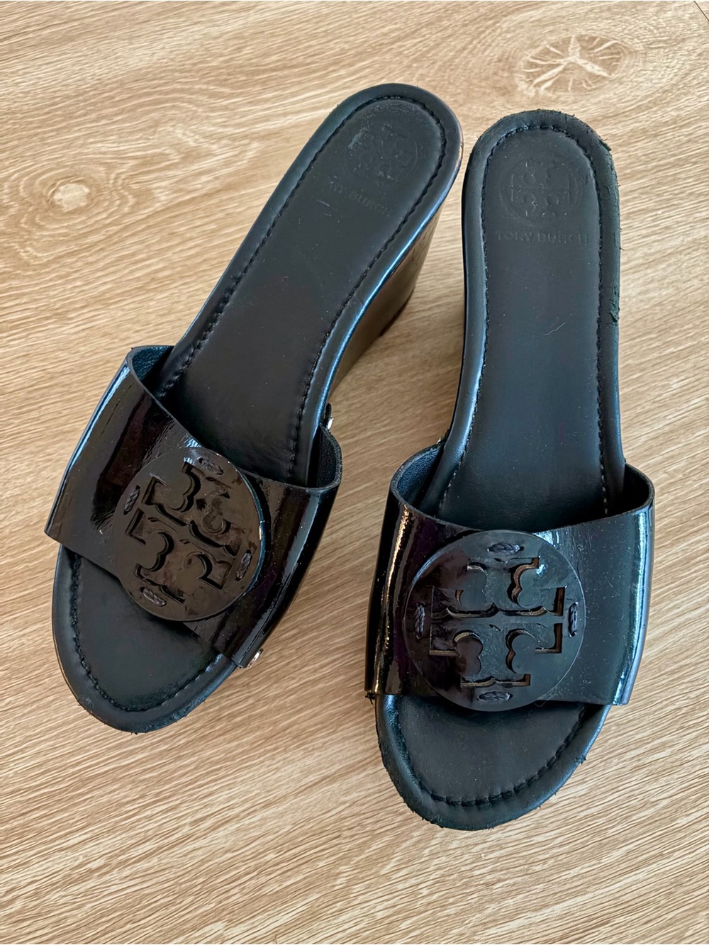 Tory Burch Patti Black Patent Slide Wedge Mules